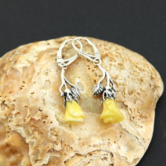 Sterling silver earrings with natural Baltic amber, amber rose drop earrings - Picture 2 of 14